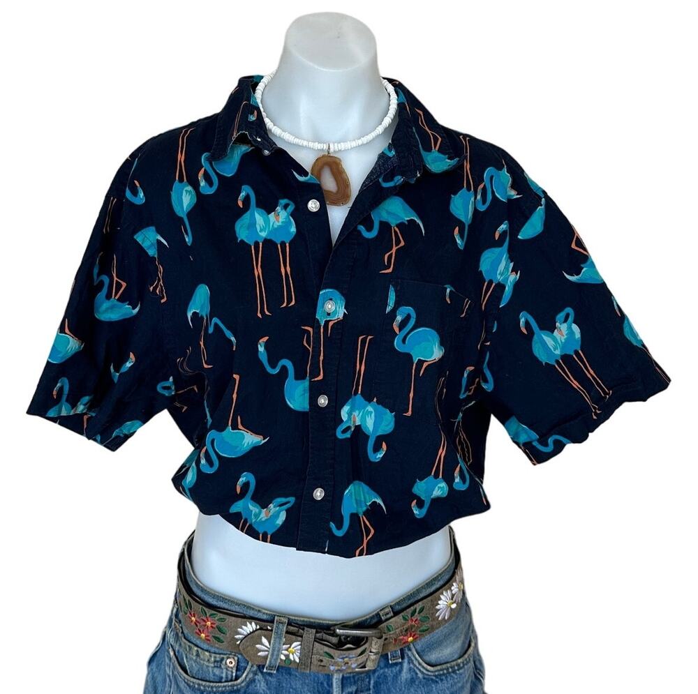 Hawaiian Shirt Button Down Crop Top One Size Boxy Surfer Flamingo Miami Oversize